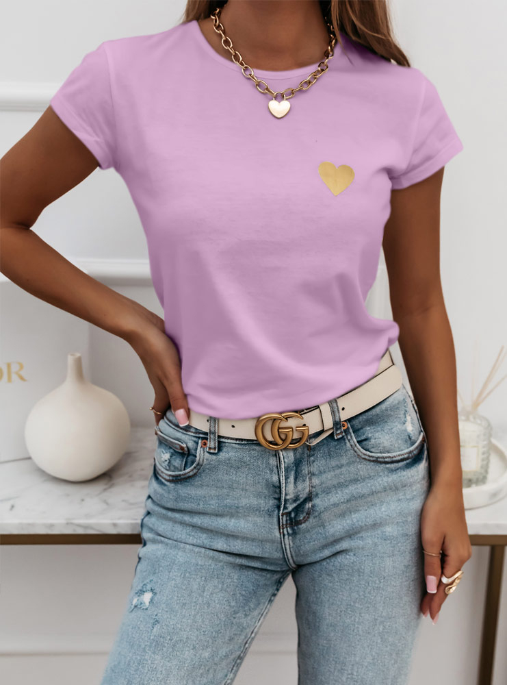 Liliowa koszulka na krótki rękaw z ozdobnym nadrukiem Kornekia - Kolor : Liliowy- Rozmiar : L/XL