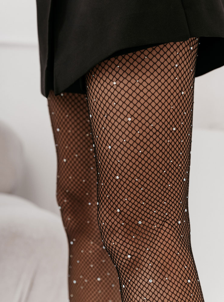 Czarne kabaretki z ozdobnymi cyrkoniami Nila - Kolor : Czarny- Rozmiar : One Size