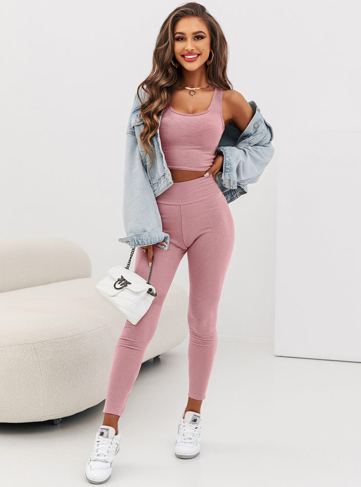 Prążkowany komplet top i legginsy Devis - brudny róż - Kolor : Brudny róż- Rozmiar : S/M
