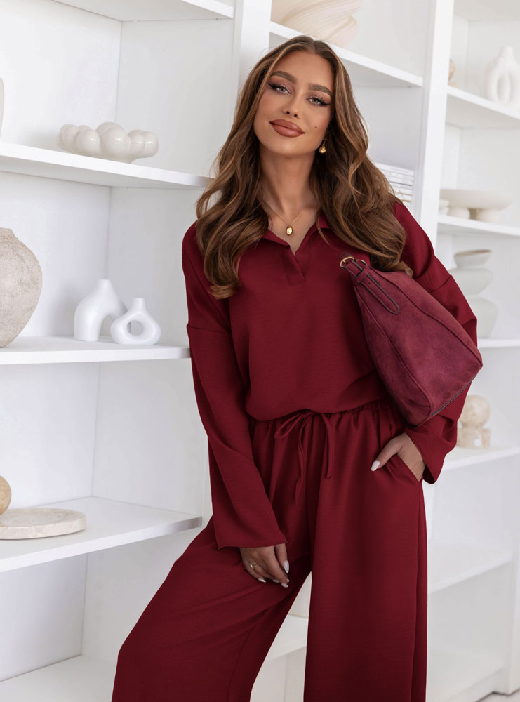 Bordowy komplet bluzka i szerokie spodnie Fennell - Kolor : Bordowy- Rozmiar : L