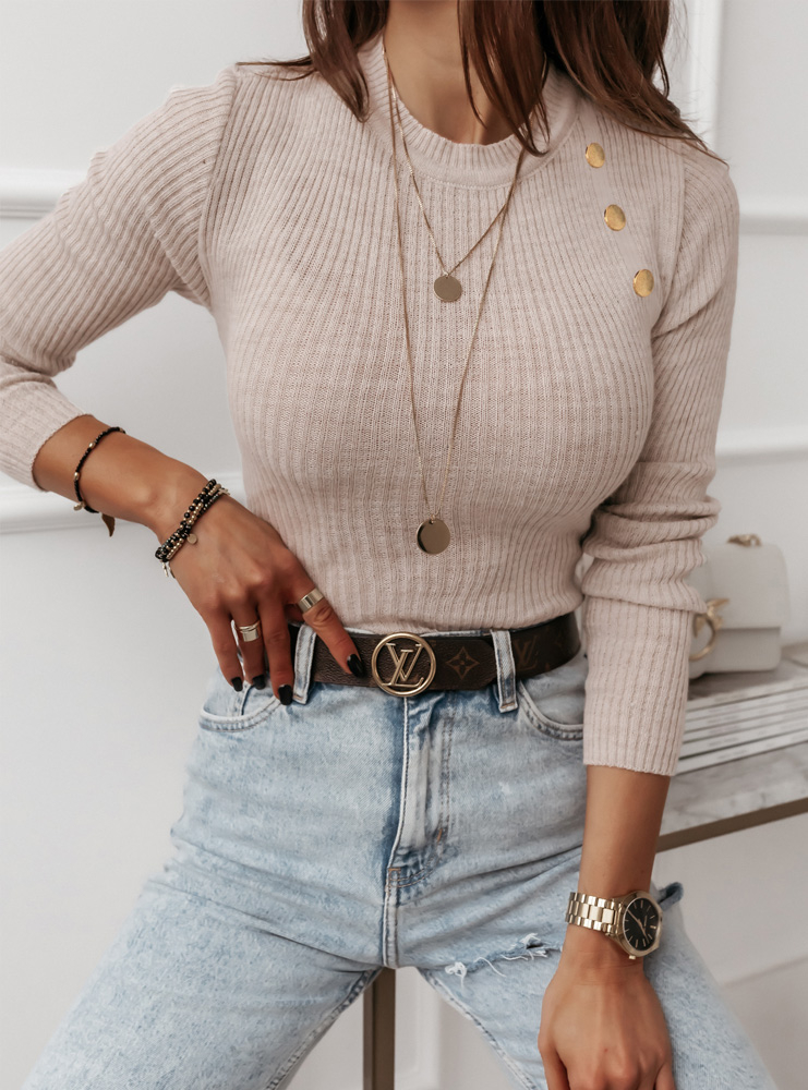 Beżowy dopasowany sweter z ozdobnymi guzikami Javeria - Kolor : Beżowy- Rozmiar : S/M